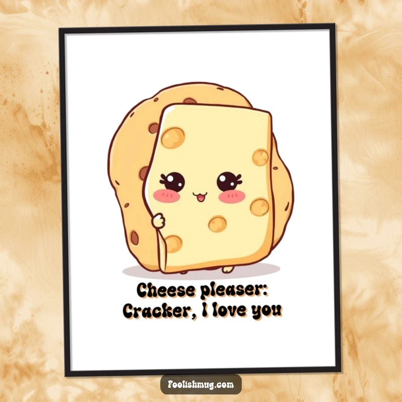 Funny Free Printable Cheesy Wall Art: A blushing slice of cheese peeks from behind a giant cracker, creating a humorous and charming piece of decor.