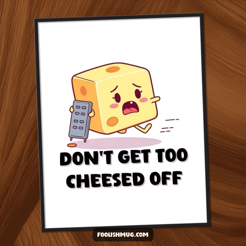 Funny free printable wall art showing a startled cheese block character running for its life from a tiny grater.