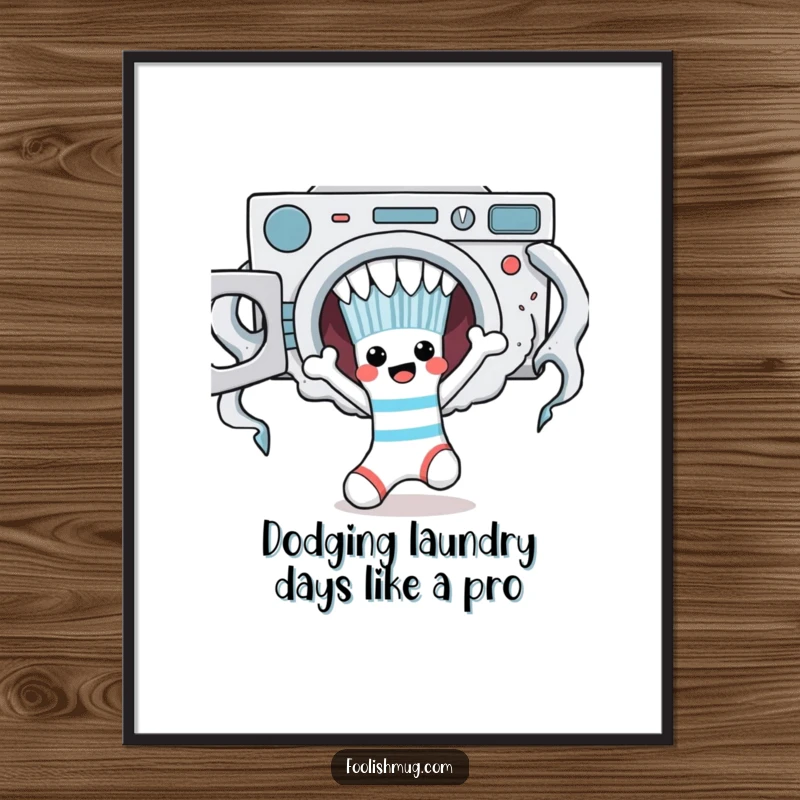 Funny Free Printable Wall Art: A determined sock character evading a goofy laundry monster, creating a playful scene.