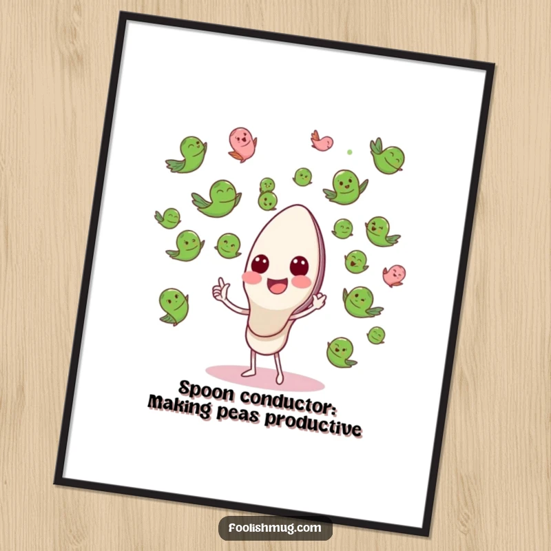 Funny Free Printable Spoon Conductor Wall Art: A happy spoon character joyfully conducts an orchestra of flying peas, creating vibrant, humorous decor.