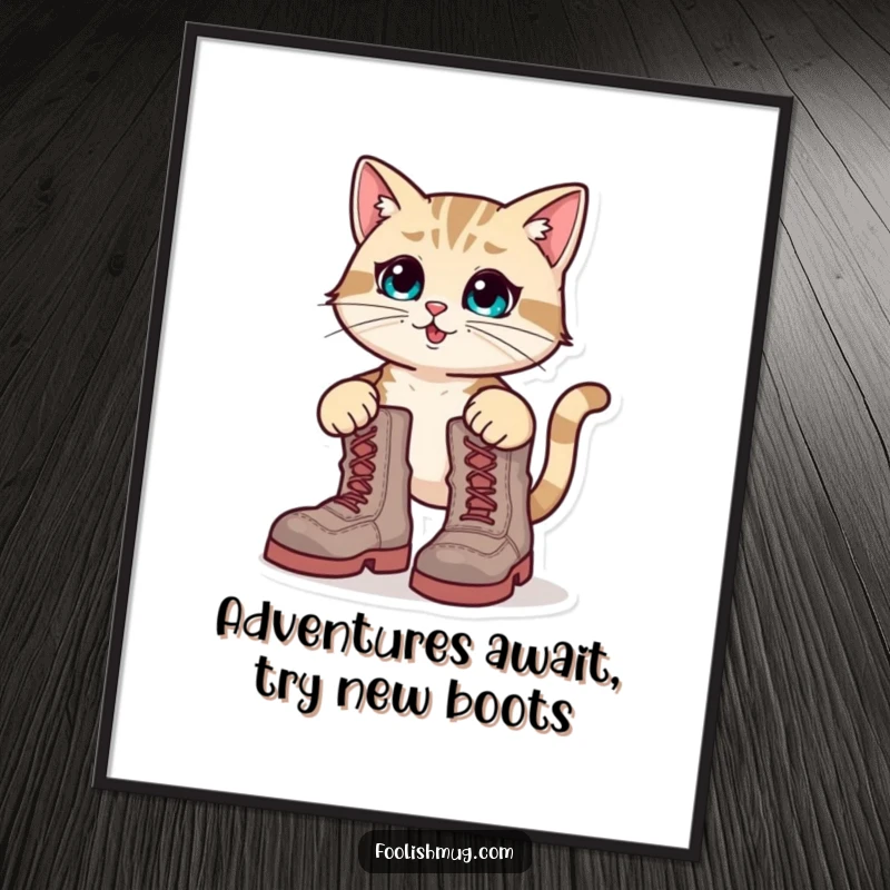 Funny Free Printable Wall Art: A cat hilariously struggling to fit into boots that are comically large.