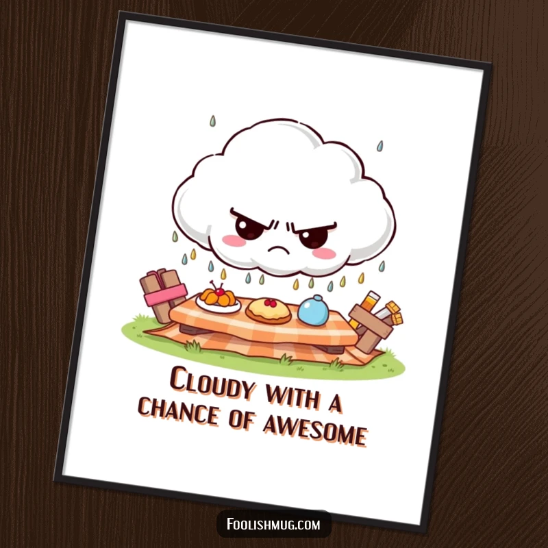 Funny free printable wall art: A grumpy cloud character dramatically rains tiny, grumpy frowns onto a cheerful, sunny picnic.