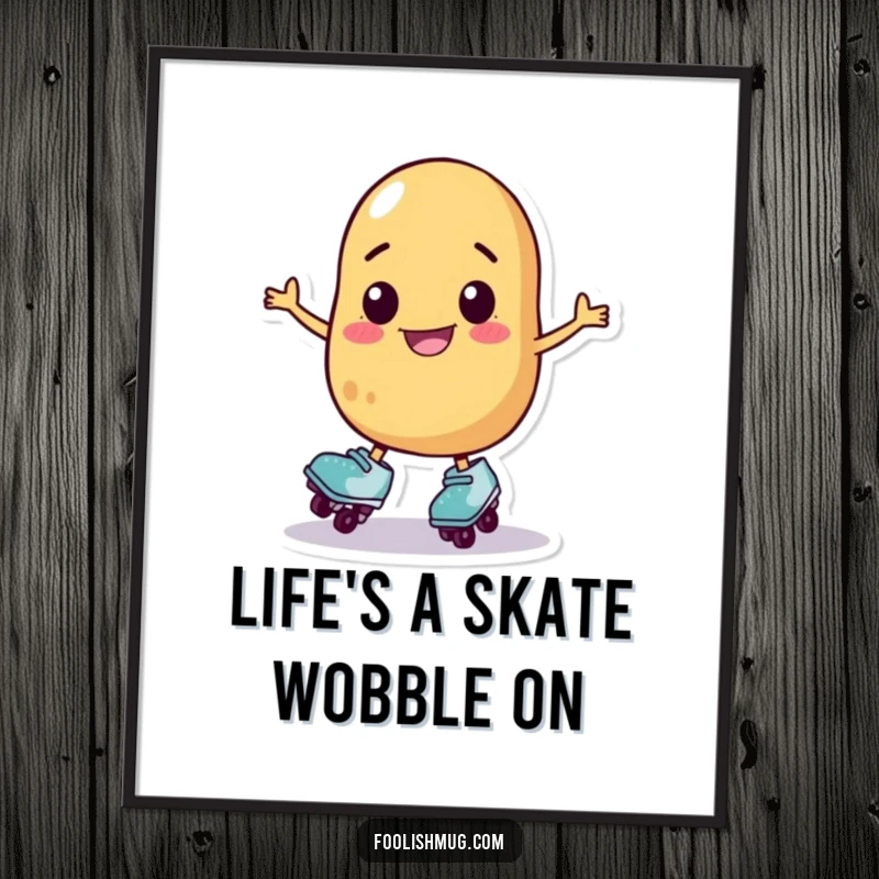 Funny Free Printable Wall Art: A happy potato character wobbling comically on roller skates, a delightful piece of downloadable art.