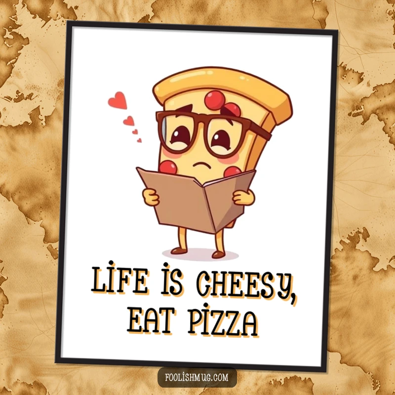 Funny Free Printable Wall Art: A confused pizza slice wearing tiny spectacles, peeking at a giant menu, creating a humorous and unique visual.