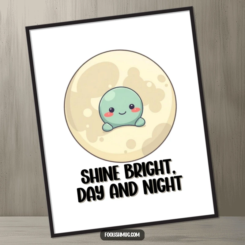 Funny Free Printable Wall Art: A shy planet character peeking out from behind a giant, friendly smiling moon.