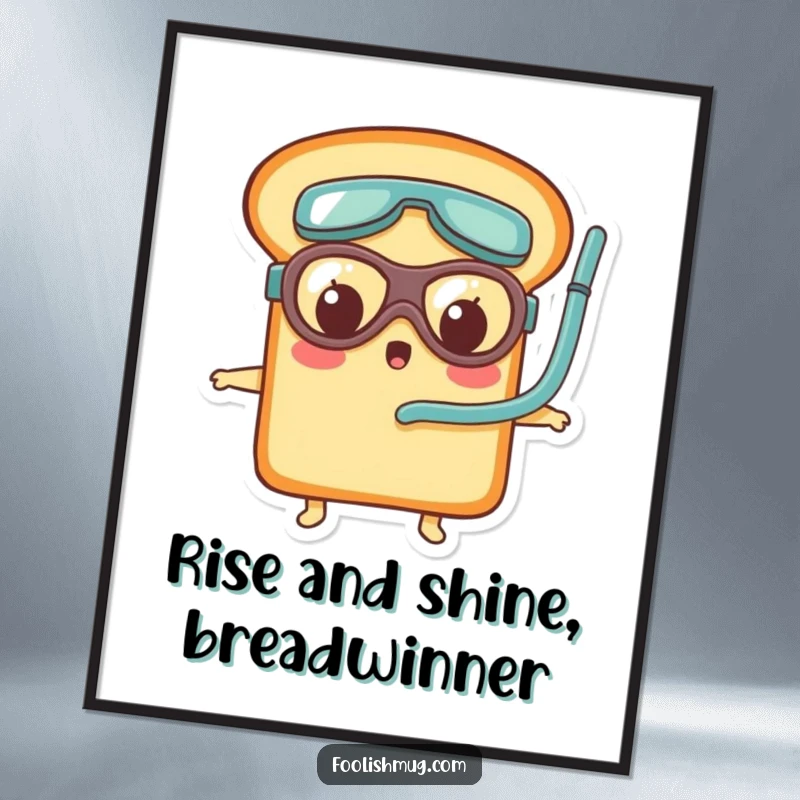 Funny Free Printable Wall Art: A surprised bread loaf character wearing tiny goggles and snorkel, ready for adventure.