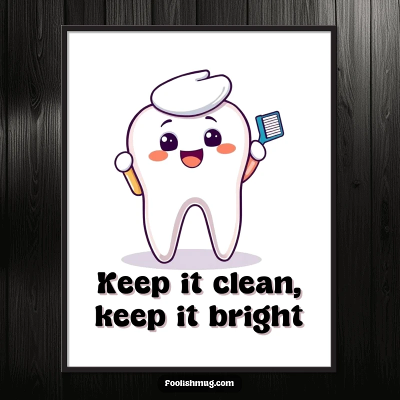 Funny Free Printable Wall Art: A smiling toothbrush character enthusiastically scrubbing a giant, discolored molar.