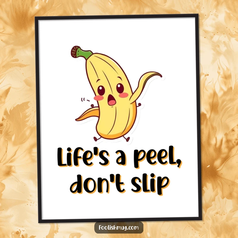 Funny free printable wall art depicting a surprised banana peel character mid-fall with a comical slip.