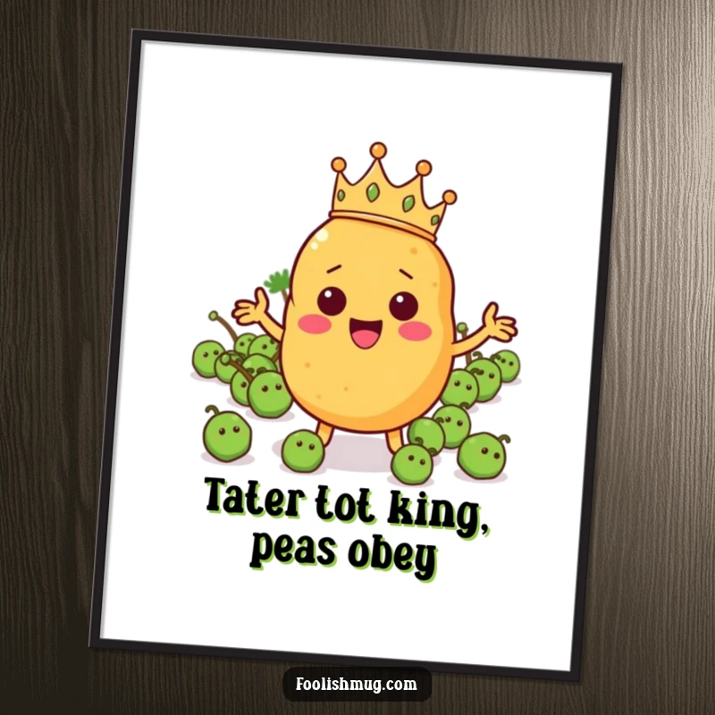 Funny free printable wall art showing a cheerful potato king in a tiny crown, directing an army of peas.