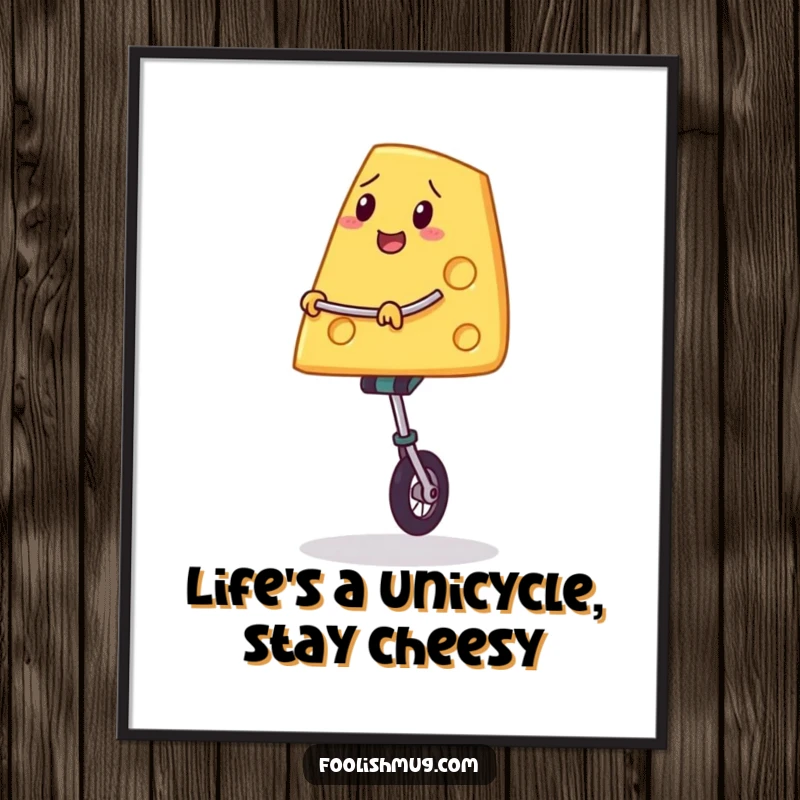 Funny Free Printable Wall Art: A slice of cheese teetering on a unicycle, showcasing daring balance.