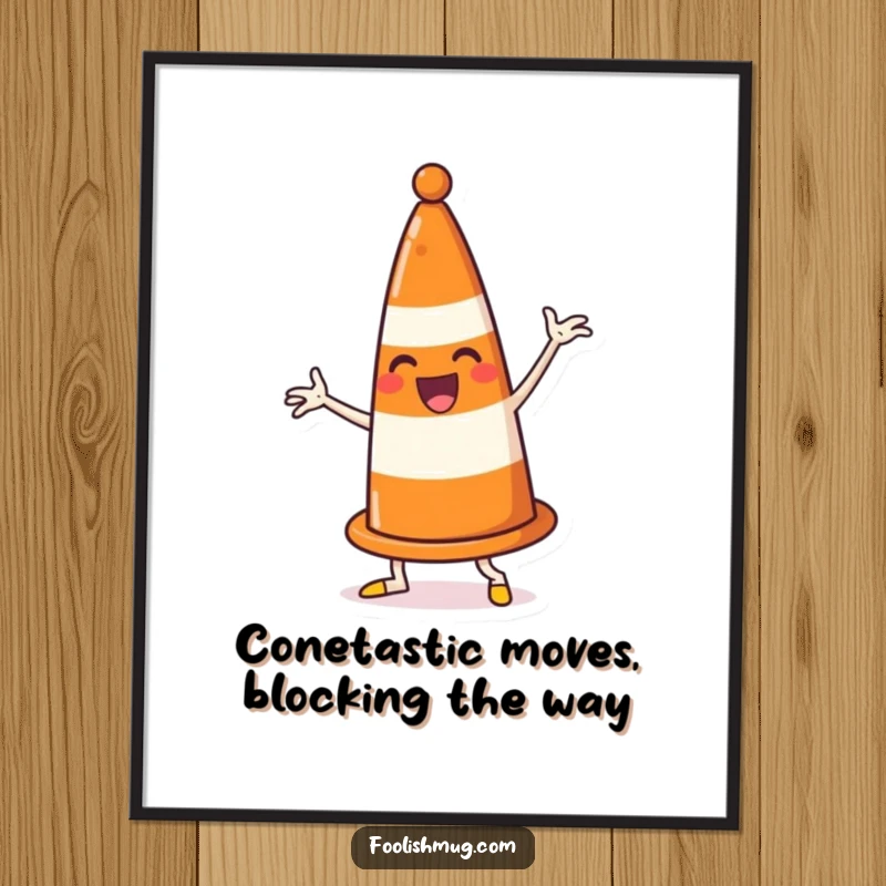 Funny Free Printable Wall Art: An energetic traffic cone character dancing wildly and comically blocking its own route.
