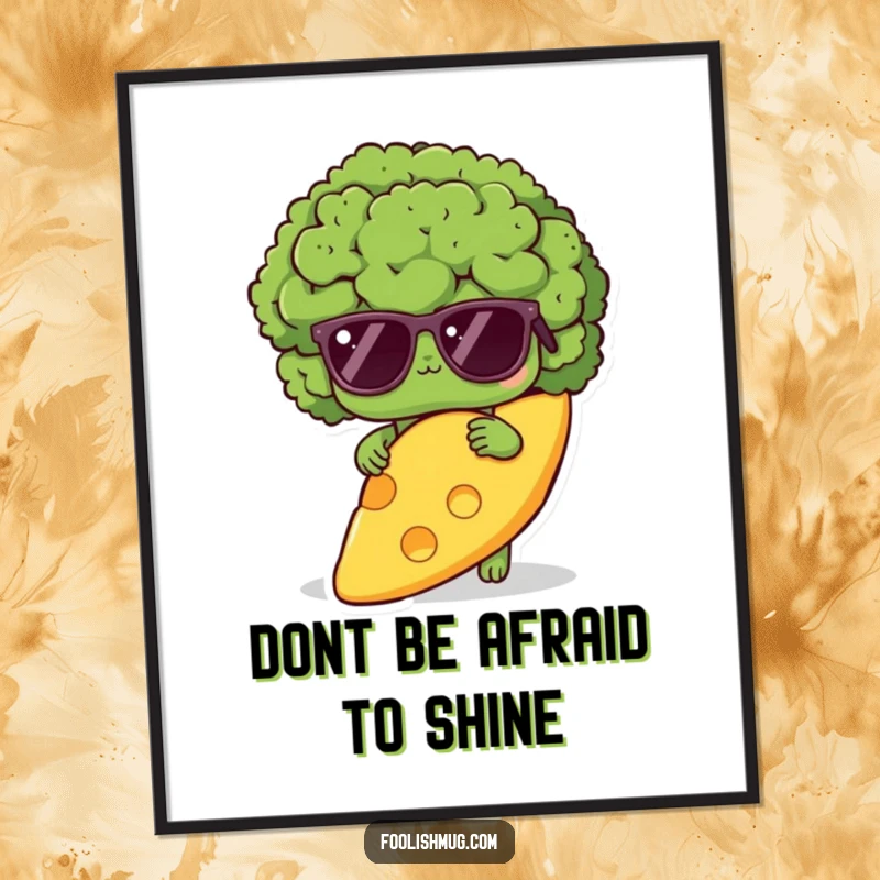 Funny Free Printable Wall Art: Shy broccoli character wearing sunglasses, hiding behind a giant cheese slice, quirky and humorous DIY decor.