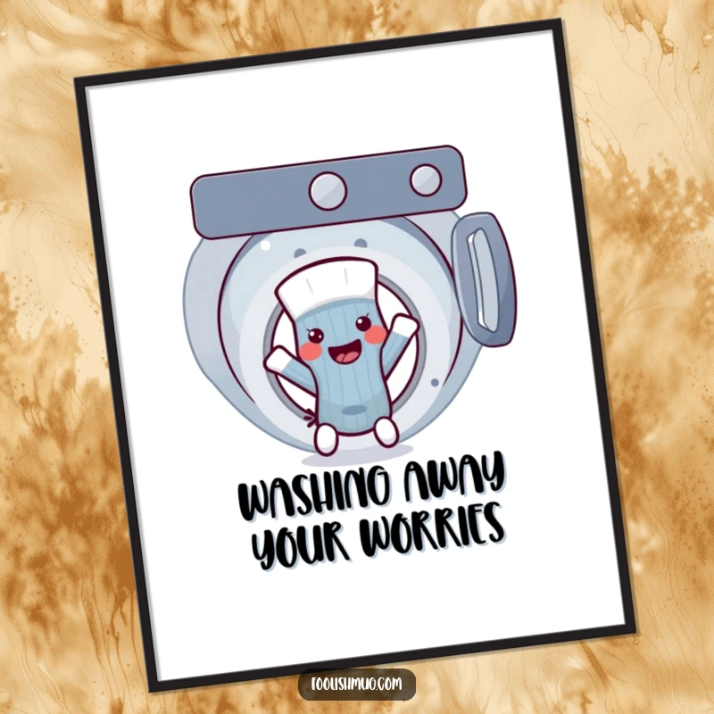Funny Free Printable Wall Art: Anthropomorphic sock character plotting a laundry escape from a washing machine.