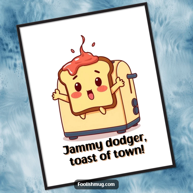 Funny free printable wall art: A surprised toast slice with jam on its head leaps dramatically out of a toaster.