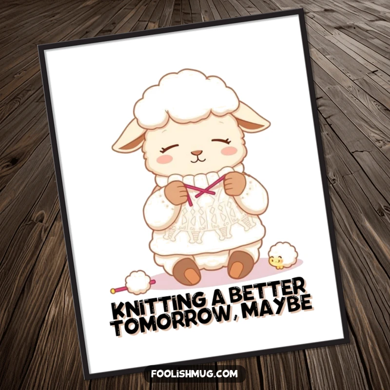 Funny Free Printable Wall Art: Sleepy sheep humorously knitting a sweater from its own wool, a cozy and quirky DIY decor piece.
