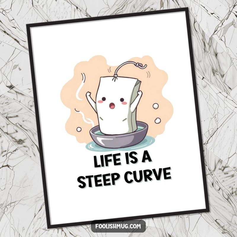 Funny Free Printable Wall Art: A dramatic teabag character dramatically unfurling with over-the-top emotion into a cup of hot water.