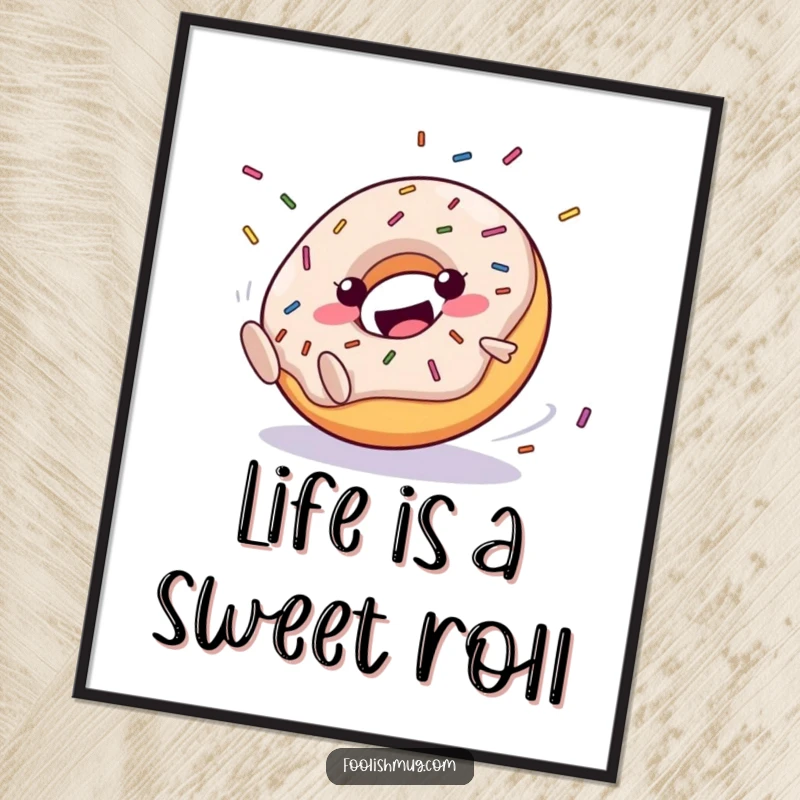 Funny Free Printable Wall Art: A clumsy, happy donut character rolling downhill with a joyful expression and sprinkles in mid-air.
