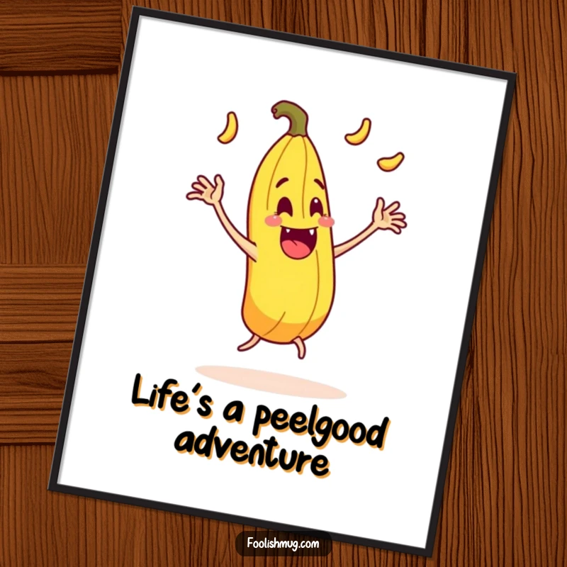 Funny Free Printable Wall Art: Juggling banana peel character comically slipping on itself, exaggerated movement, slapstick art.
