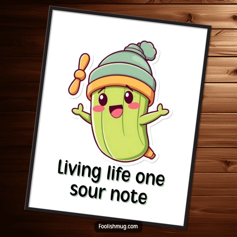 Funny Free Printable Wall Art: A pickle character wearing a propeller beanie, flying crookedly with a smile.