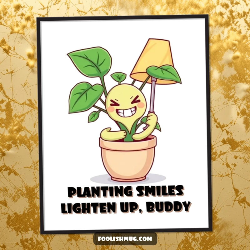 Funny Free Printable Wall Art: A potted plant with a wide, unhinged grin enthusiastically hugging a table lamp in a surreal scene.