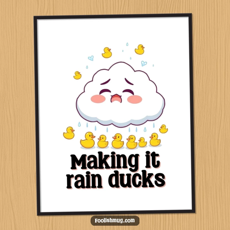 Funny Free Printable Wall Art: A startled cloud character playfully raining tiny, bouncing rubber ducks.