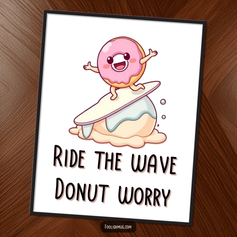 Funny Free Printable Wall Art: A smiling donut character attempting to surf on a large, melting scoop of ice cream.
