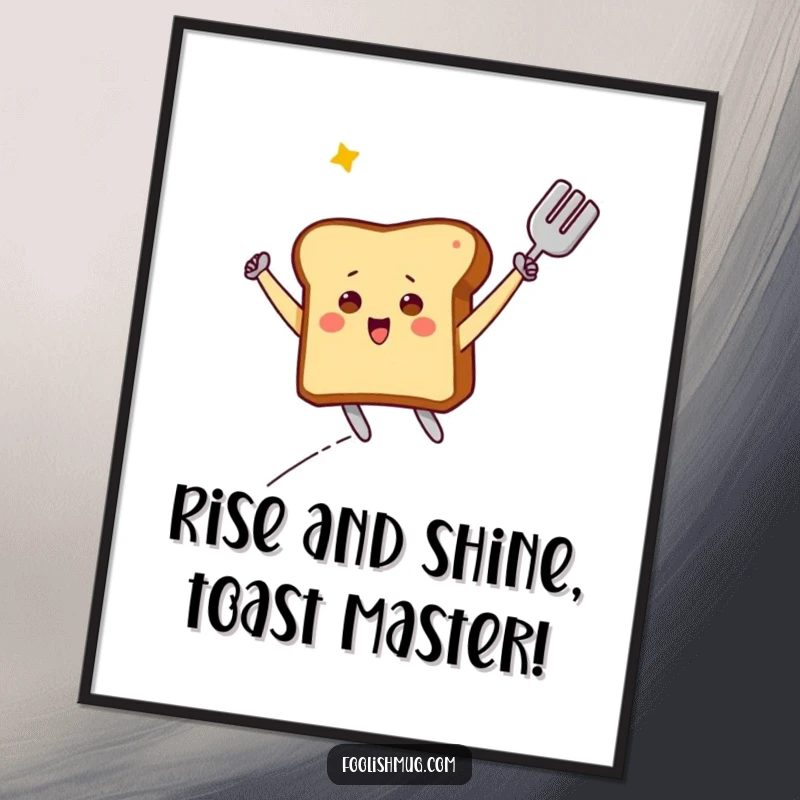Funny Free Printable Wall Art: A piece of toast character triumphantly soaring through the air on a spatula.