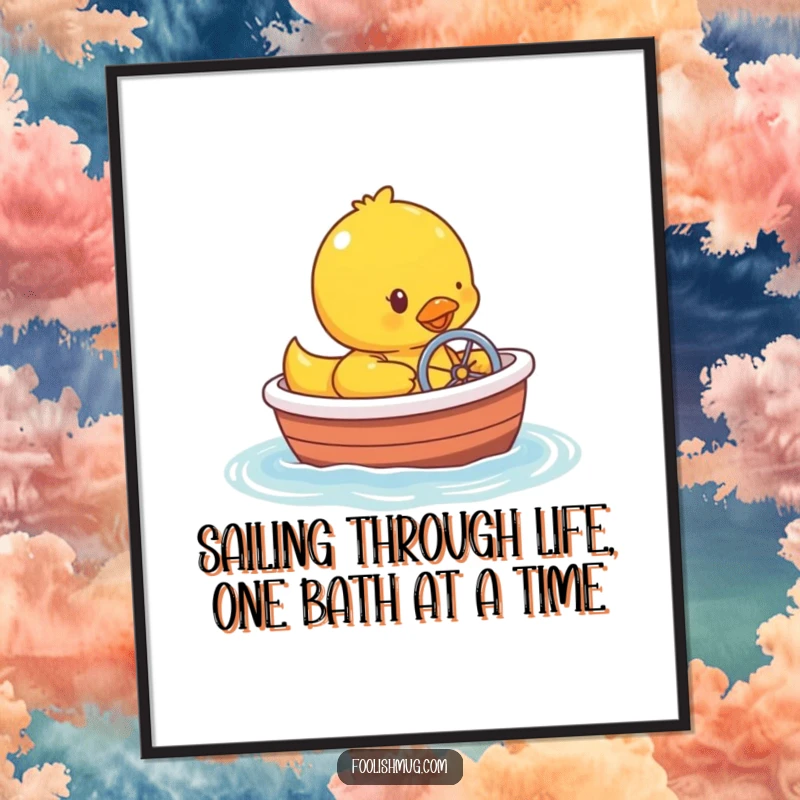 Funny Free Printable Wall Art: Rubber ducky humorously steering a miniature bathtub boat, creating a whimsical nautical scene.
