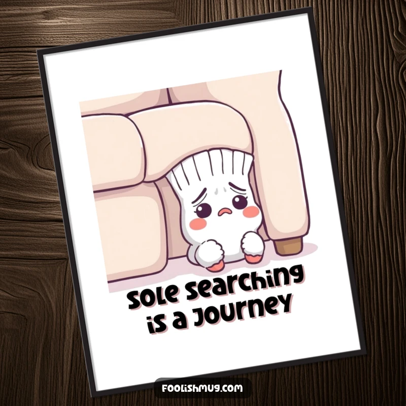 Funny Free Printable Wall Art: Flustered sock hiding under a sofa, looking utterly lost, a humorous downloadable piece for your wall.