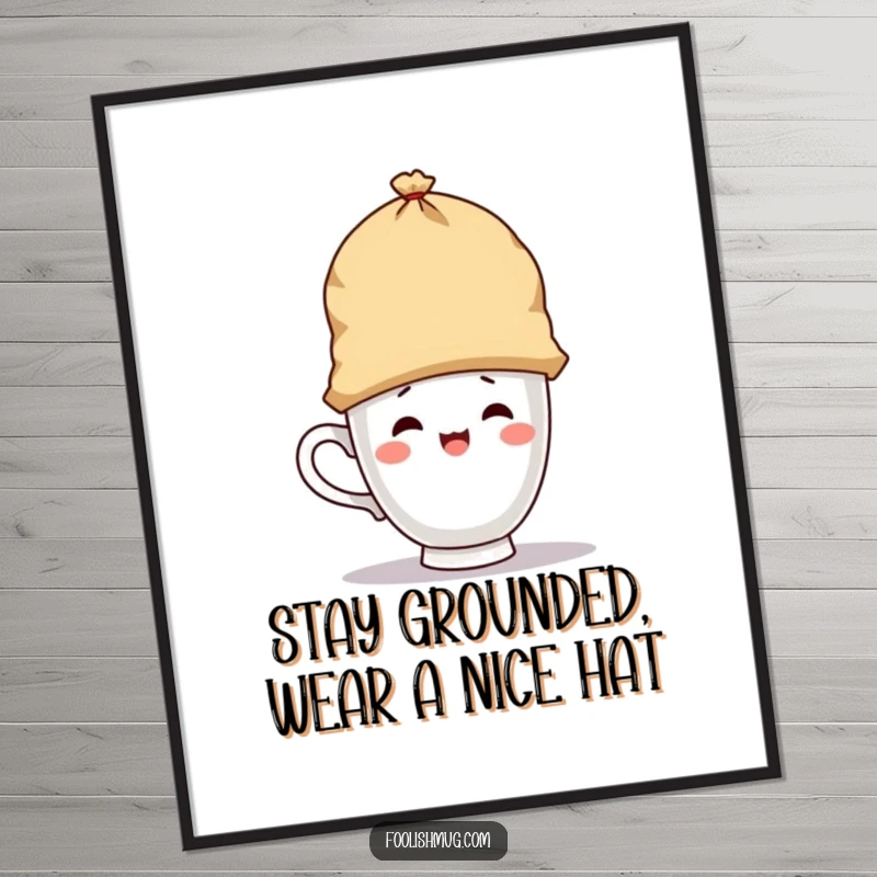 Funny free printable wall art of a playful teacup character with a giant teabag worn as a jaunty hat.
