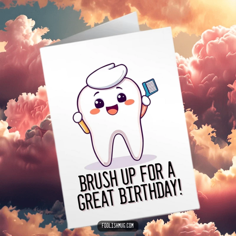 Funny Free Printable Birthday Card: A smiling toothbrush cleans a giant, discolored molar with enthusiasm, wishing Happy Birthday.