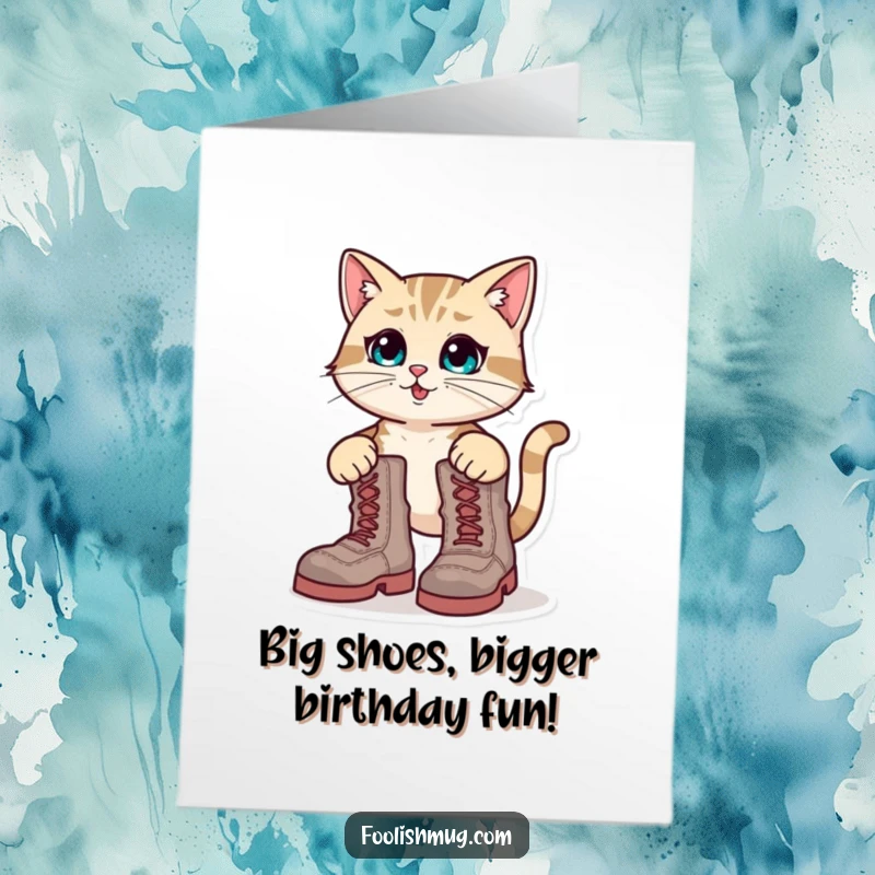Funny Free Printable Birthday Card: A confused cat struggling to walk in comically oversized, giant boots.