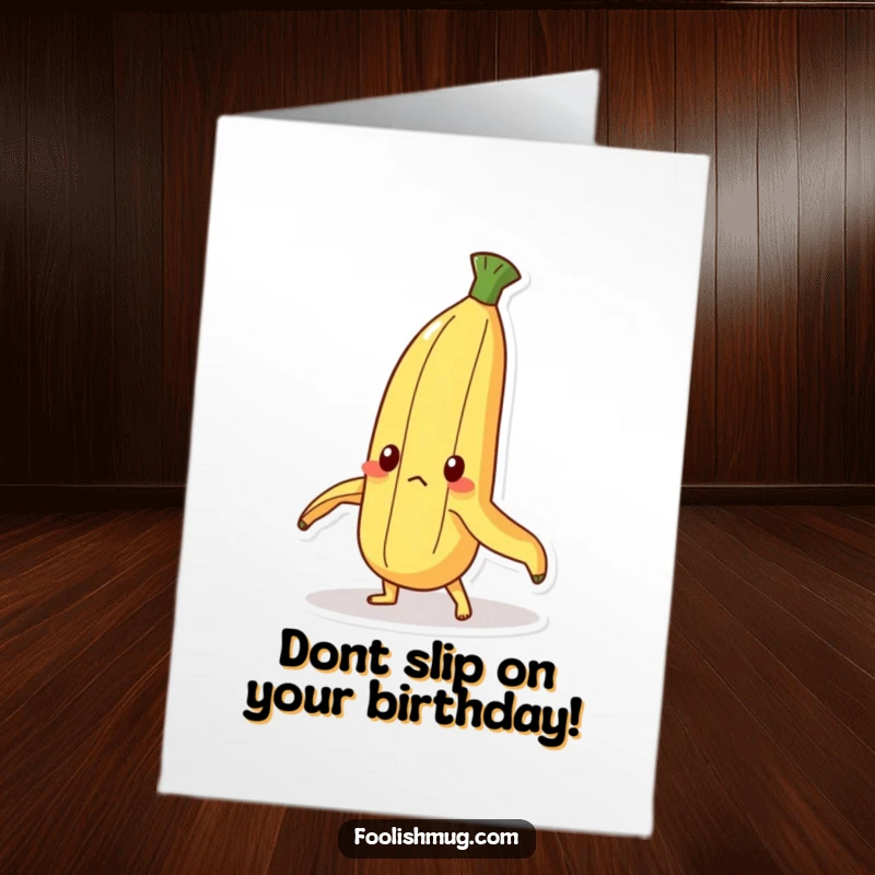 Funny Free Printable Birthday Card: A determined banana peel character struggling with all its might to stand upright, looking focused.