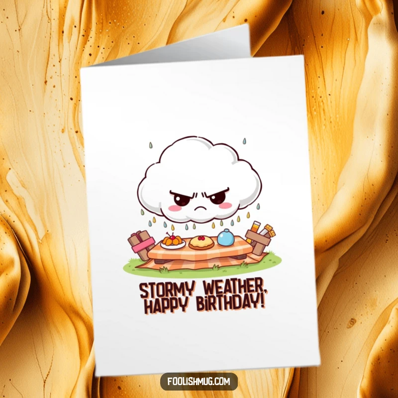 Funny free printable birthday card: Grumpy cloud character rains frowns onto a cheerful, sunny picnic scene.