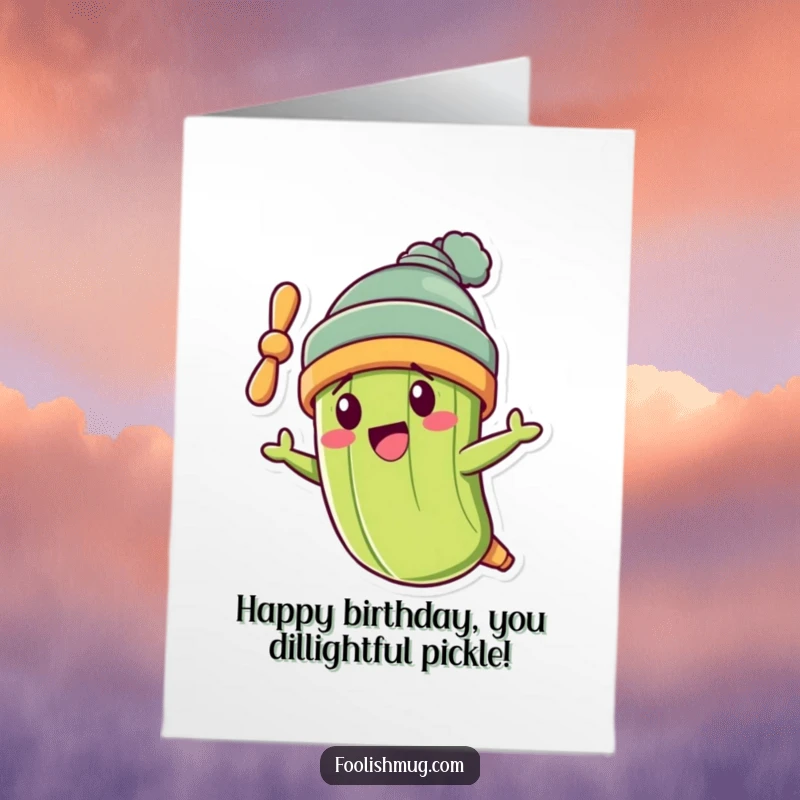 Funny Free Printable Birthday Card: A pickle wearing a propeller beanie, flying crookedly with birthday cheer.