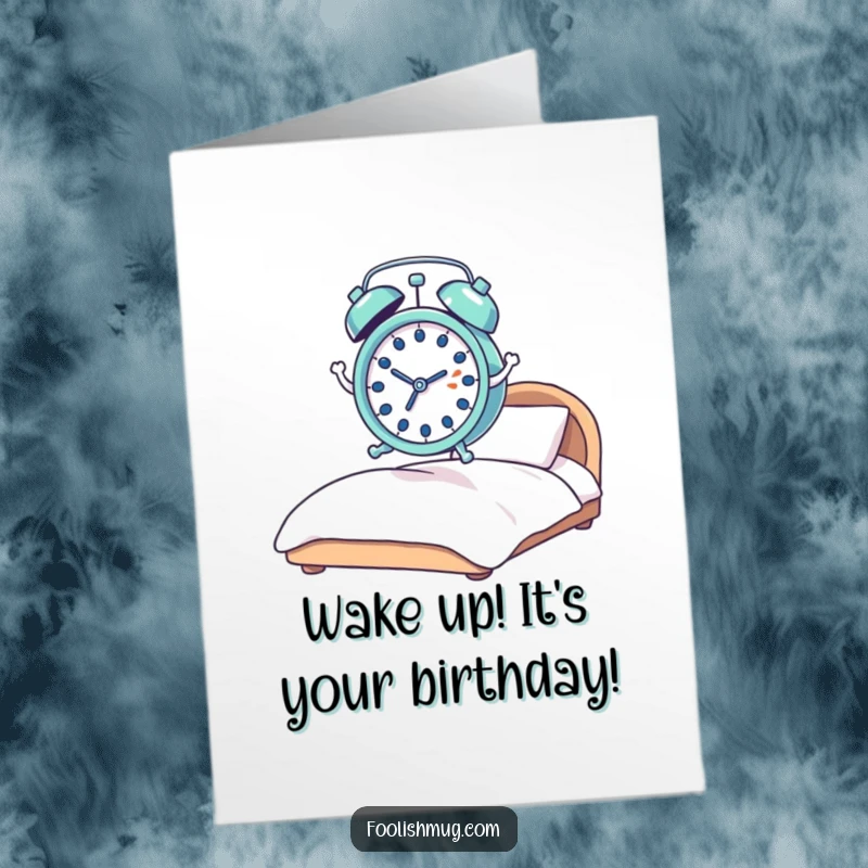 Funny Free Printable Birthday Card: Tiny alarm clock springing wildly out of bed with cartoon springs flying.
