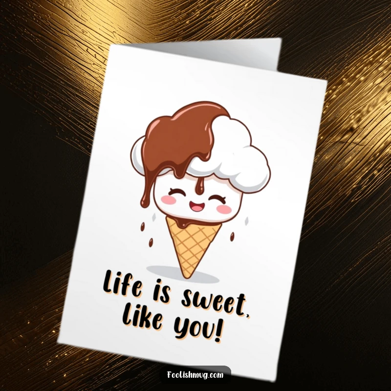Funny free printable birthday card: a giggling cloud raining chocolate syrup on a very confused ice cream cone.