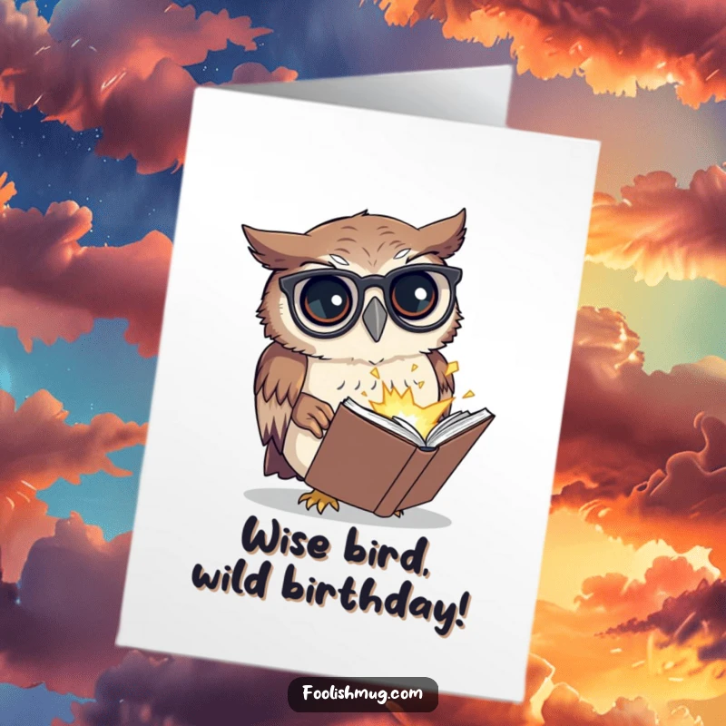 Funny free printable birthday card featuring a confused owl with spectacles, a tiny book exploding with colorful confetti.
