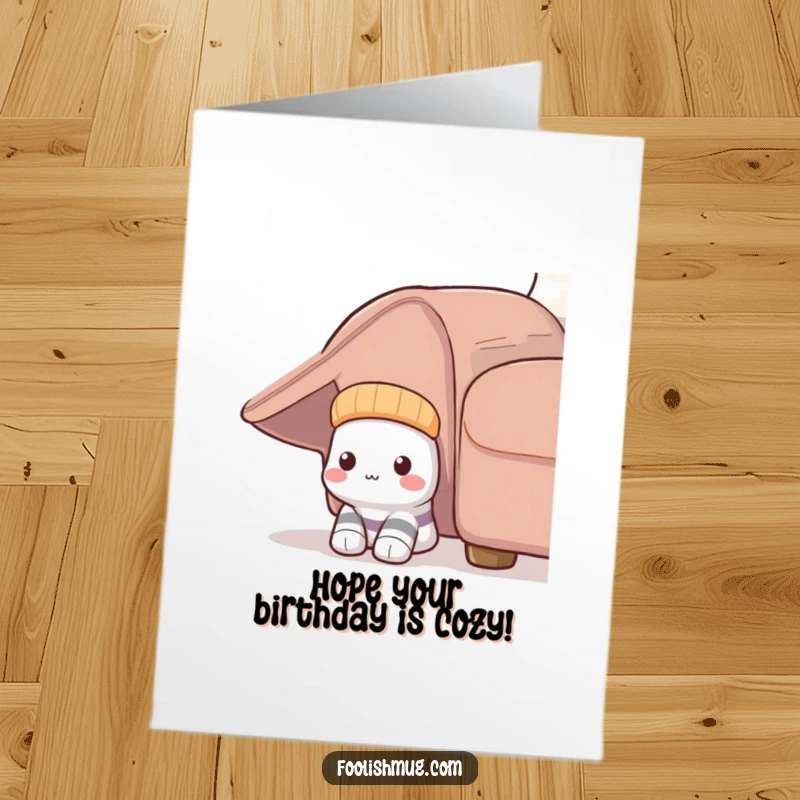 Funny Free Printable Birthday Card featuring a shy sock character timidly peeking out from under a couch, offering a quiet greeting.