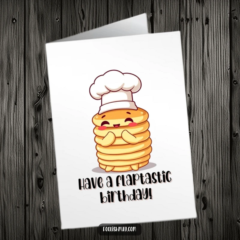 Funny Free Printable Birthday Card: A wobbly stack of pancakes in a chef hat attempts a polite bow.