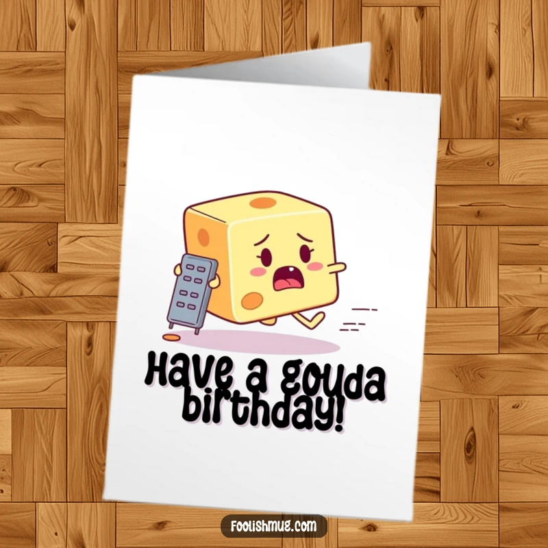 Funny free printable birthday card showing a startled cheese block character desperately running from a tiny grater.