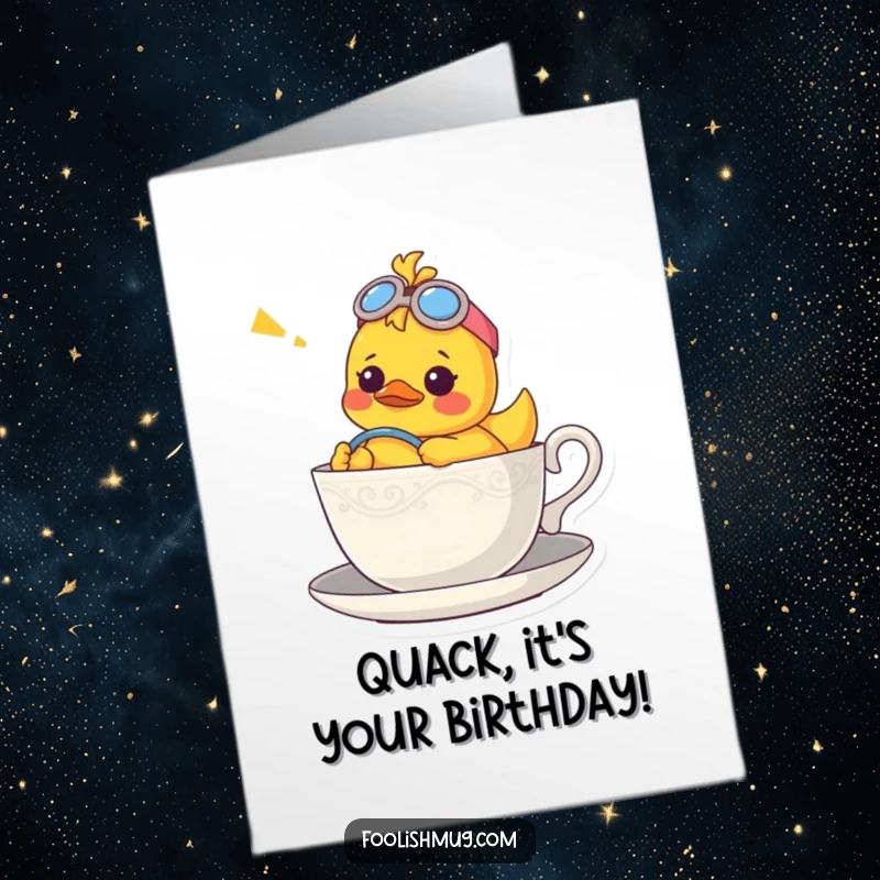 Funny Free Printable Birthday Card: A confused rubber ducky pilots a teacup like a boat, navigating birthday wishes with humorous uncertainty. Downloadable.