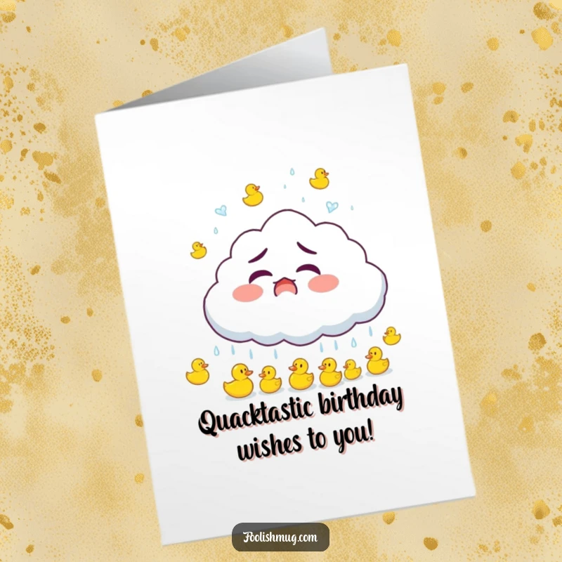 Funny Free Printable Birthday Card: Startled cloud raining tiny rubber ducks, a whimsical, unexpected celebration.
