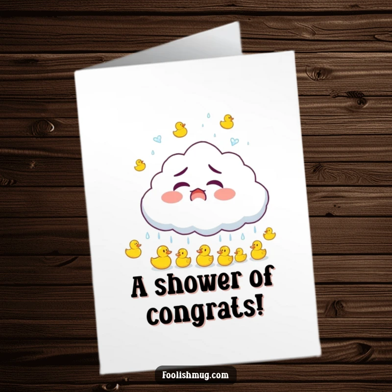 Funny Free Printable Congratulations Card: Cloud character surprised while raining tiny rubber ducks, celebrating achievement.
