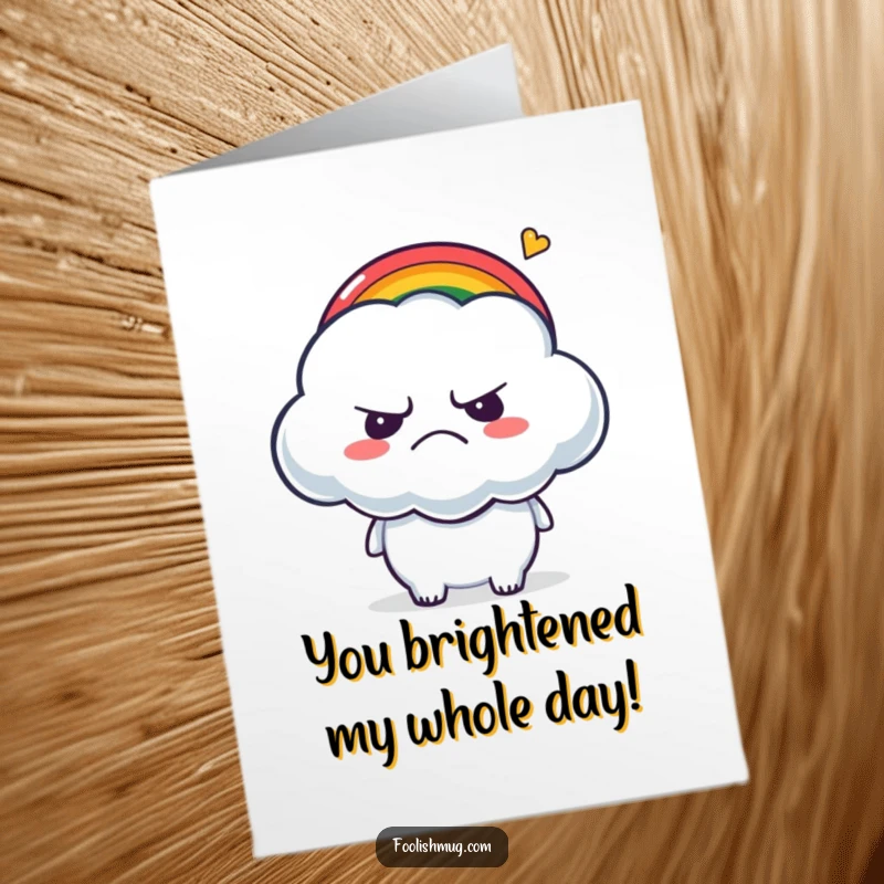 Funny Free Printable Congratulations Card: A grumpy cloud reacting to a tiny rainbow tickling its side.