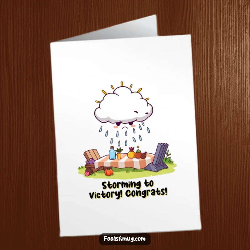 Funny Free Printable Congratulations Card: A moody cloud blocking the sun over a pleasant picnic, bringing a drizzle.