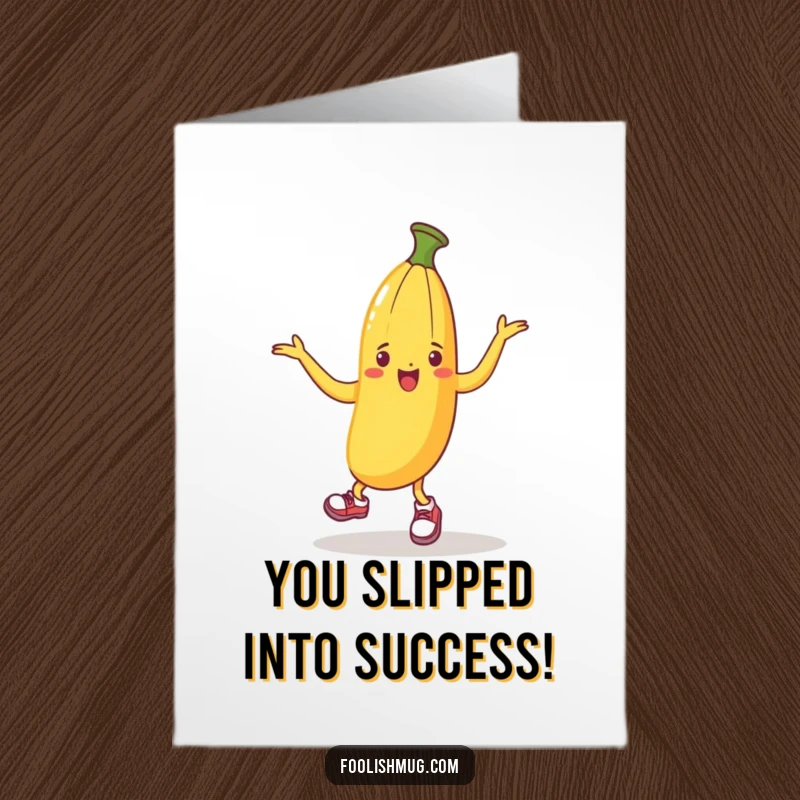 Funny Free Printable Congratulations Card: A banana peel wearing small shoes, doing a silly dance to celebrate.