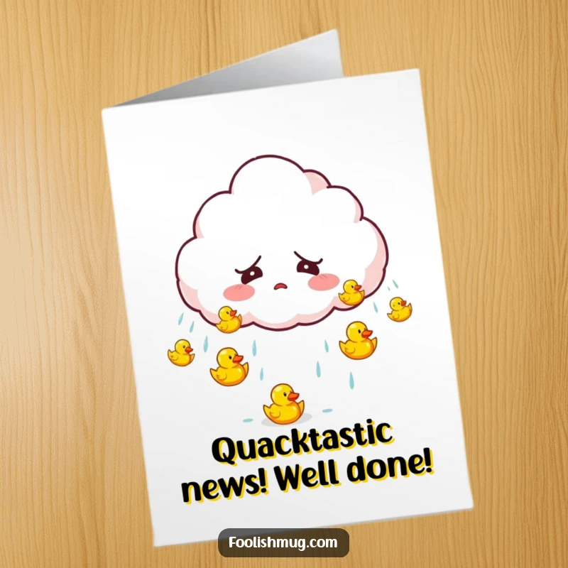 Funny Free Printable Congratulations Card: Startled fluffy cloud character, showering tiny rubber ducks, a comical, odd celebration.