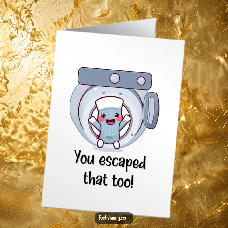Funny Free Printable Congratulations Card: Sock character celebrating freedom by escaping a washing machine.