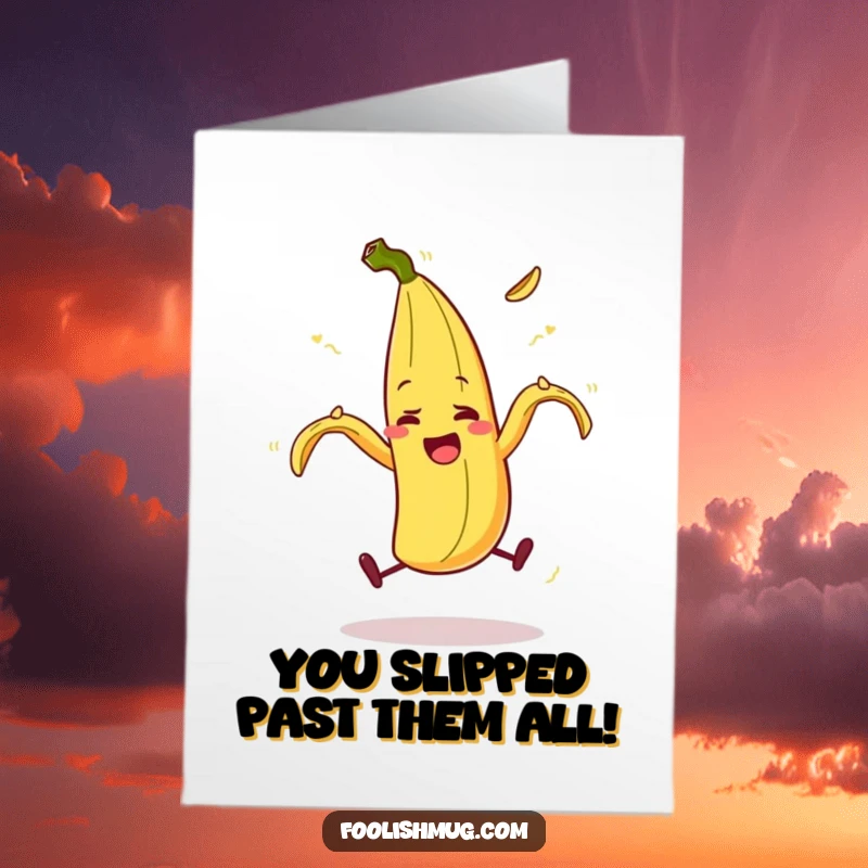 Funny Free Printable Congratulations Card: Banana peel character slipping hilariously, celebrating a great achievement.
